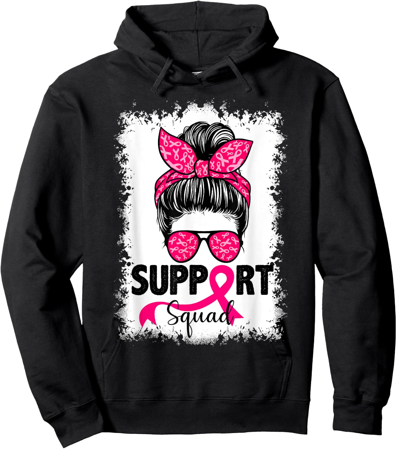 Support Squad Messy Bun Pink Warrior Breast Cancer Awareness Hoodie - Hoodie | Black