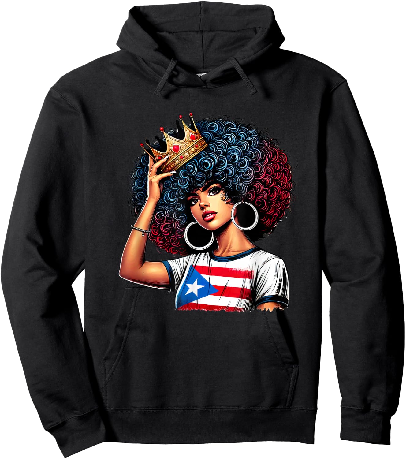 Afro Boricua Queen Princess Crown Puerto Rico Flag Latina Hoodie - Hoodie | Black