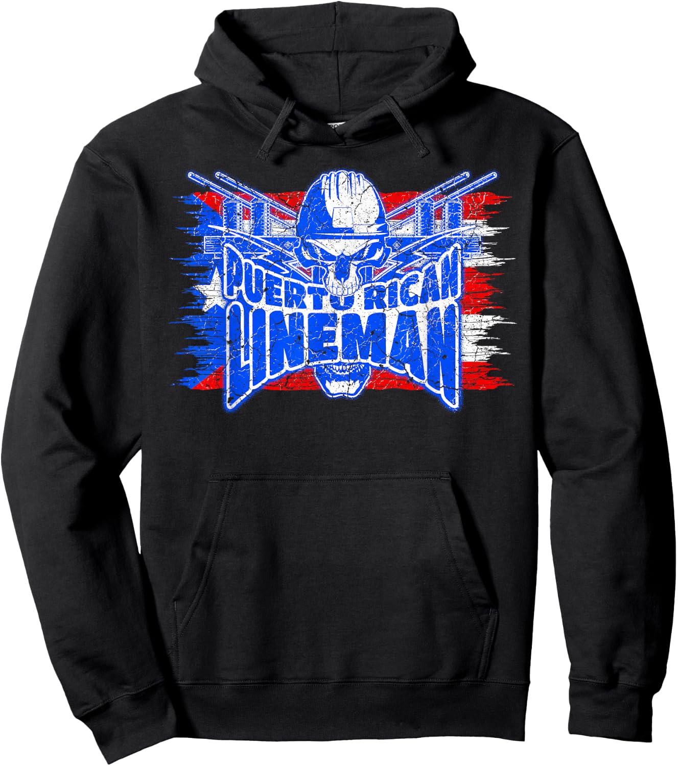 Proud Puerto Rican Lineman Skull with Flag of Puerto Rico Hoodie - Hoodie | Black