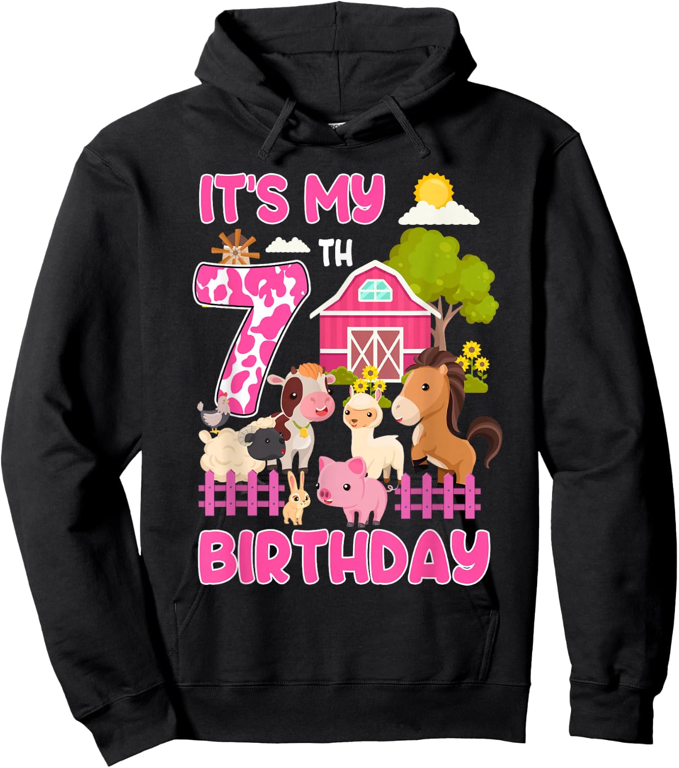 It’s My 7th Birthday Farm Animals 7 Year Old Girl Party Hoodie - Hoodie | Black