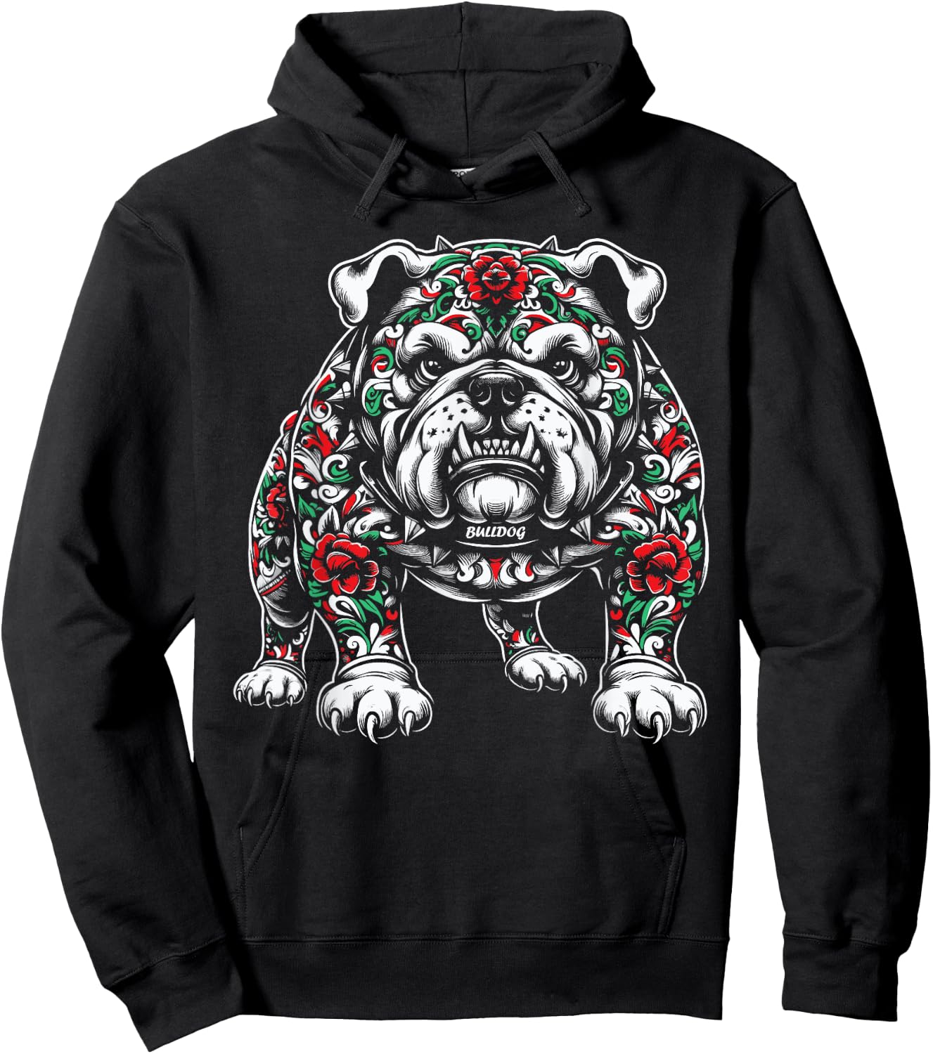 Bulldog Floral Red Rose Hoodie - Hoodie | Black