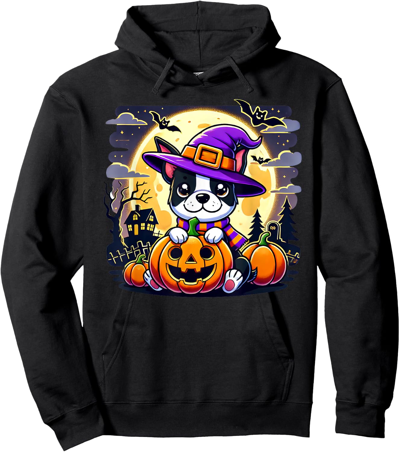 Halloween Boston Terrier Dog Breed With Jack O' Lantern Art Women Kids Hoodie - Hoodie | Black