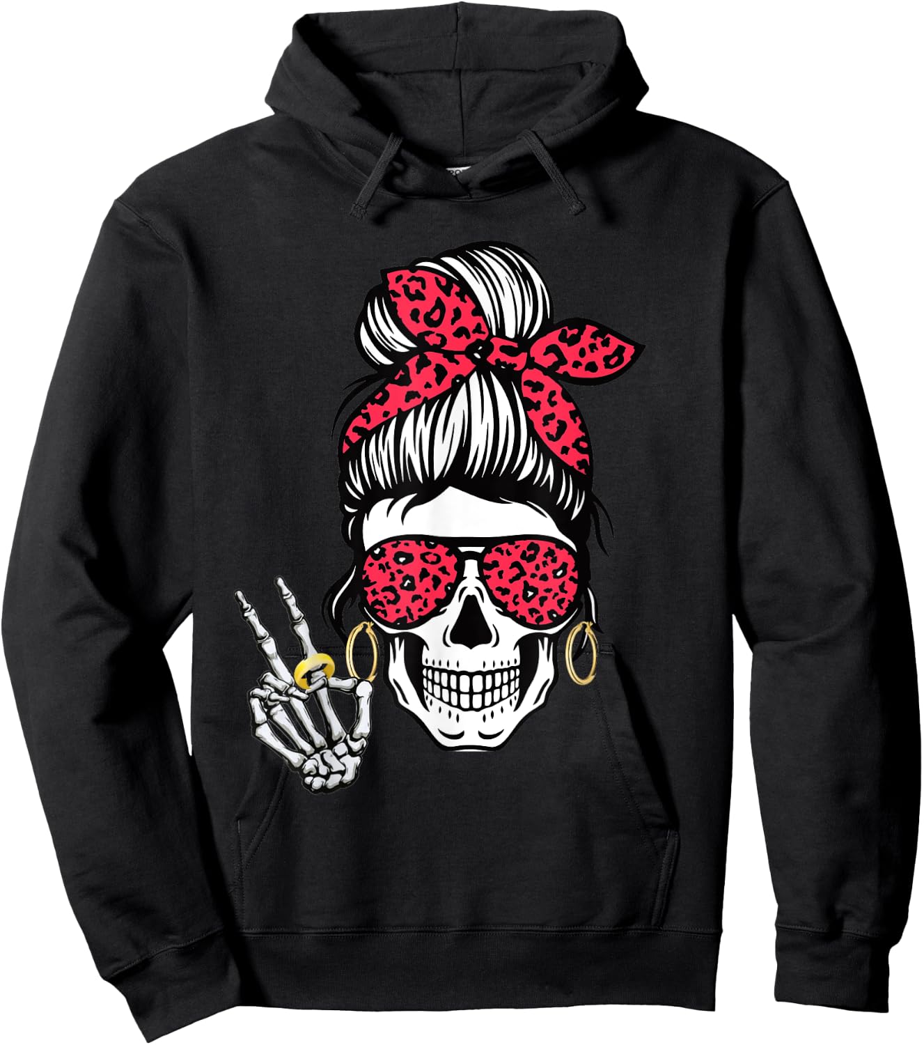 Boho Skeleton Peace Sign Messy Bun Bandana Halloween Apparel Hoodie - Hoodie | Black