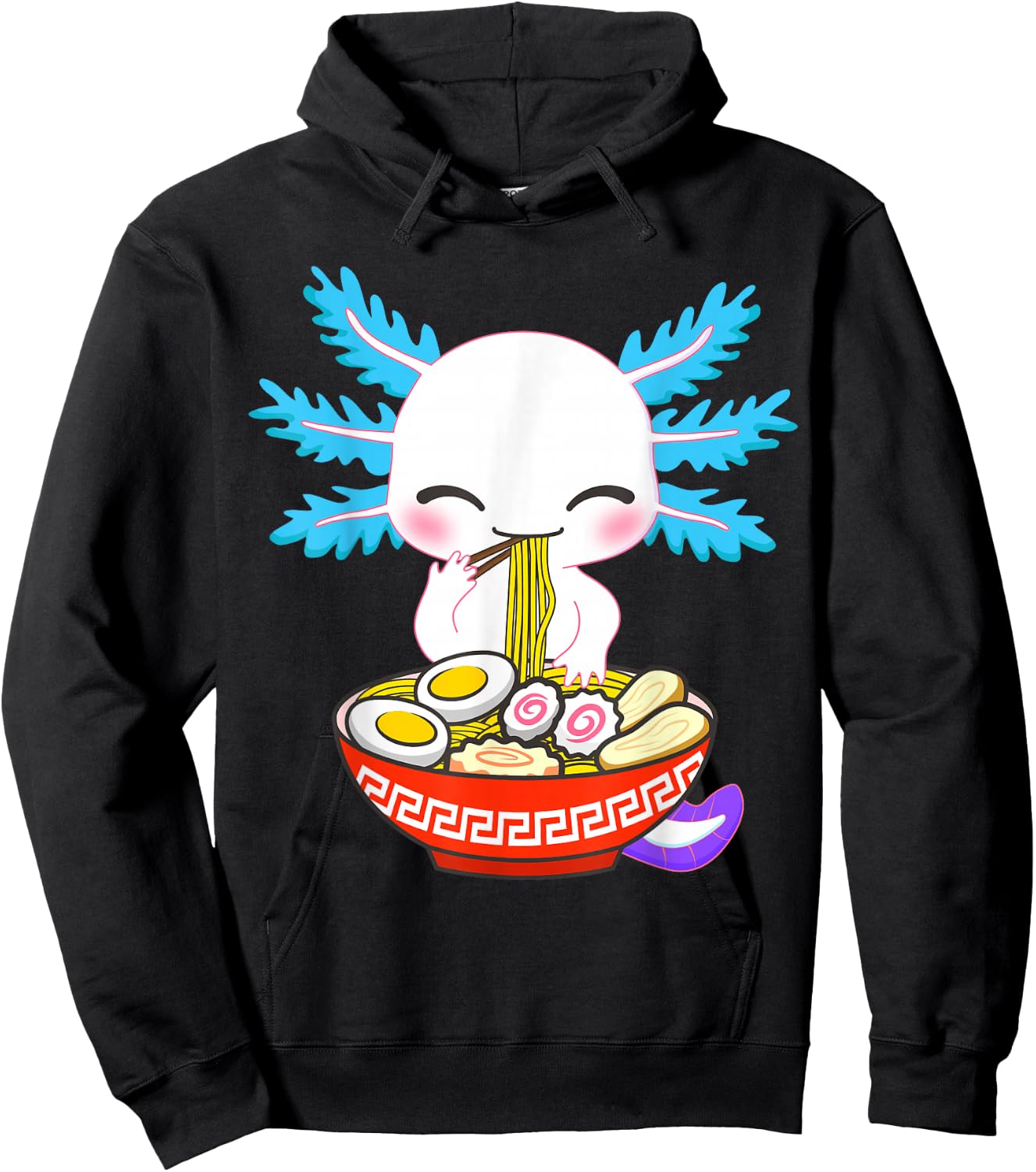 Fox Brother Kawaii Axolotl Eating Ramen Noodles Anime - -Kids/Adults, Black, Small, Short Sleeve Hoodie - Hoodie | Black