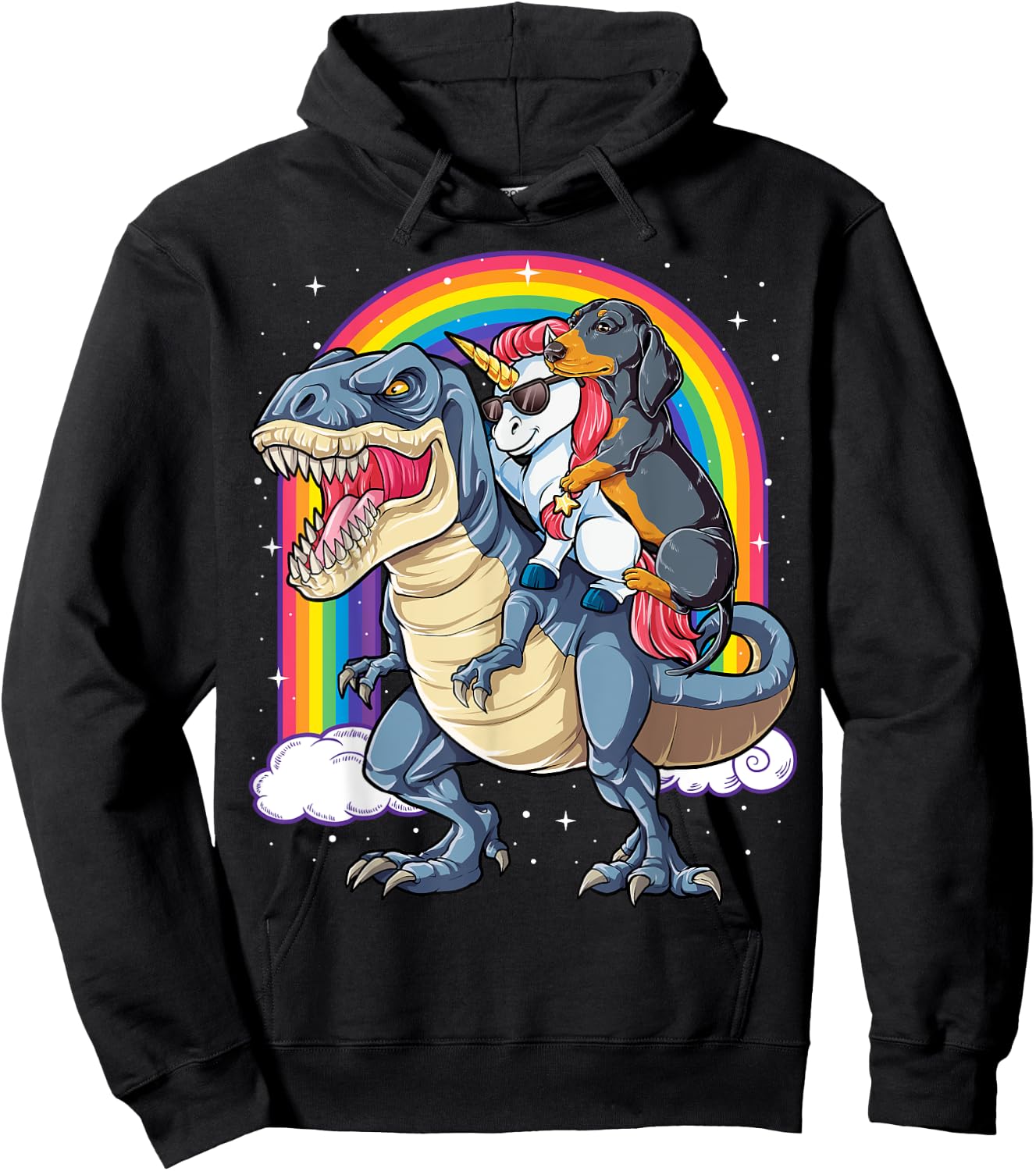 Dachshund Unicorn Riding Dinosaur T-rex Gifts Women Rainbow Hoodie - Hoodie | Black