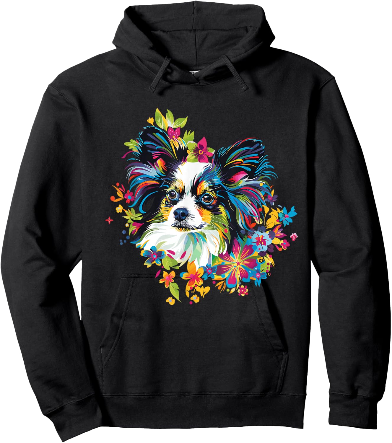 Artful Papillon Designs Floral Pop Art Papillon - -Adults & -Kids - Black - Small - Short Sleeve - Classic Fit - Round Neck Hoodie - Hoodie | Black