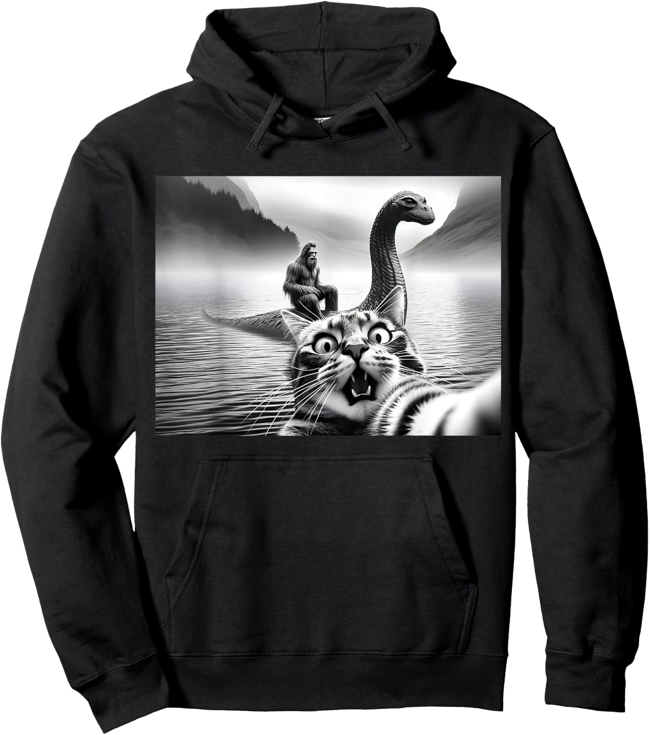 Bigfoot Riding Loch Ness Monster Surprised Scared Cat Selfie Women Girls Kids Hoodie - Hoodie | Black