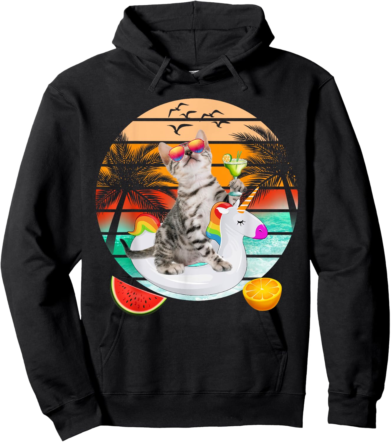 Cute Cat With Margarita & Unicorn Float Kitten Summer Vibes Hoodie - Hoodie | Black