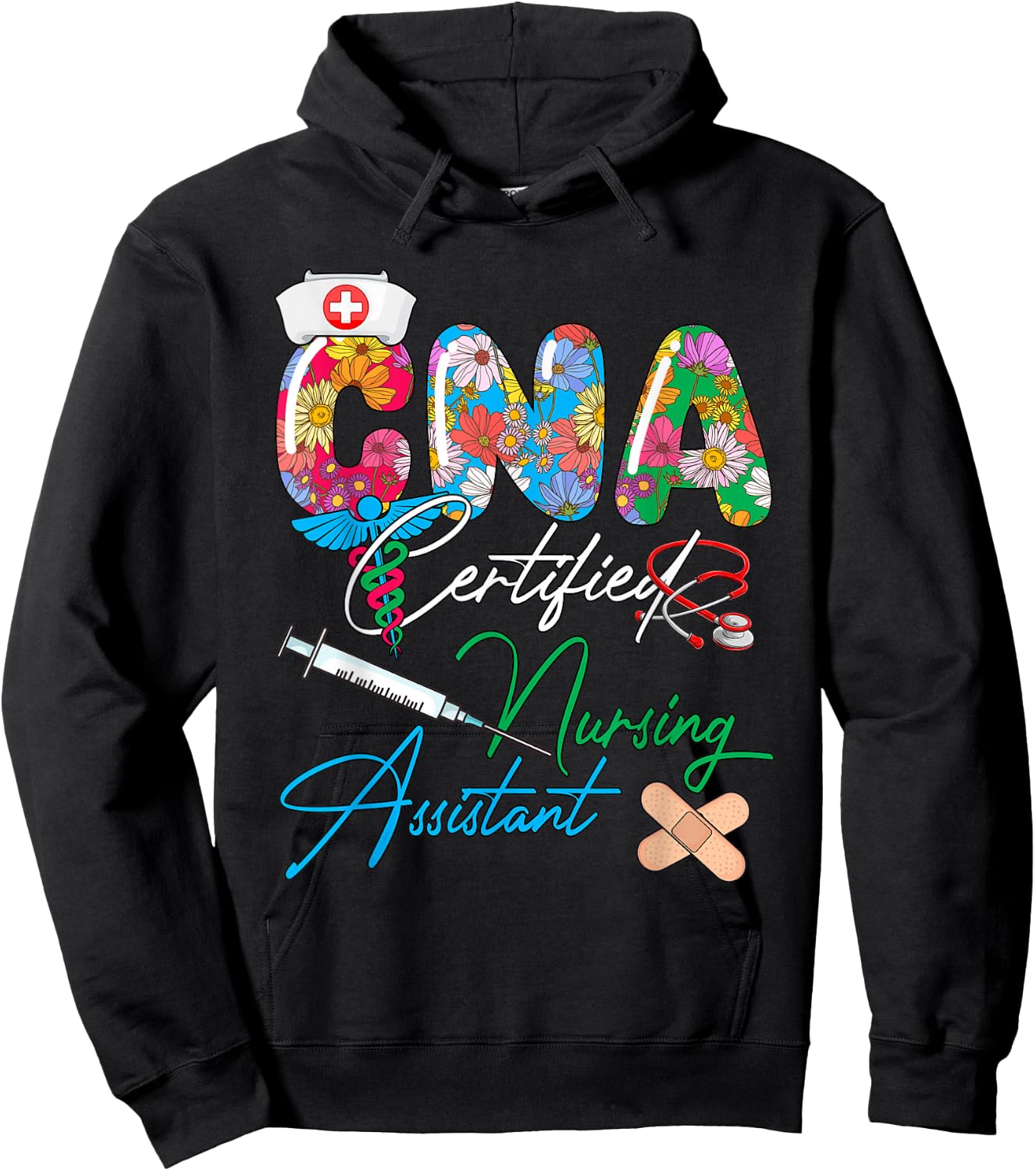 CNA Certified Nursing Assistant Costume Flowers Colorful Hoodie - Hoodie | Black
