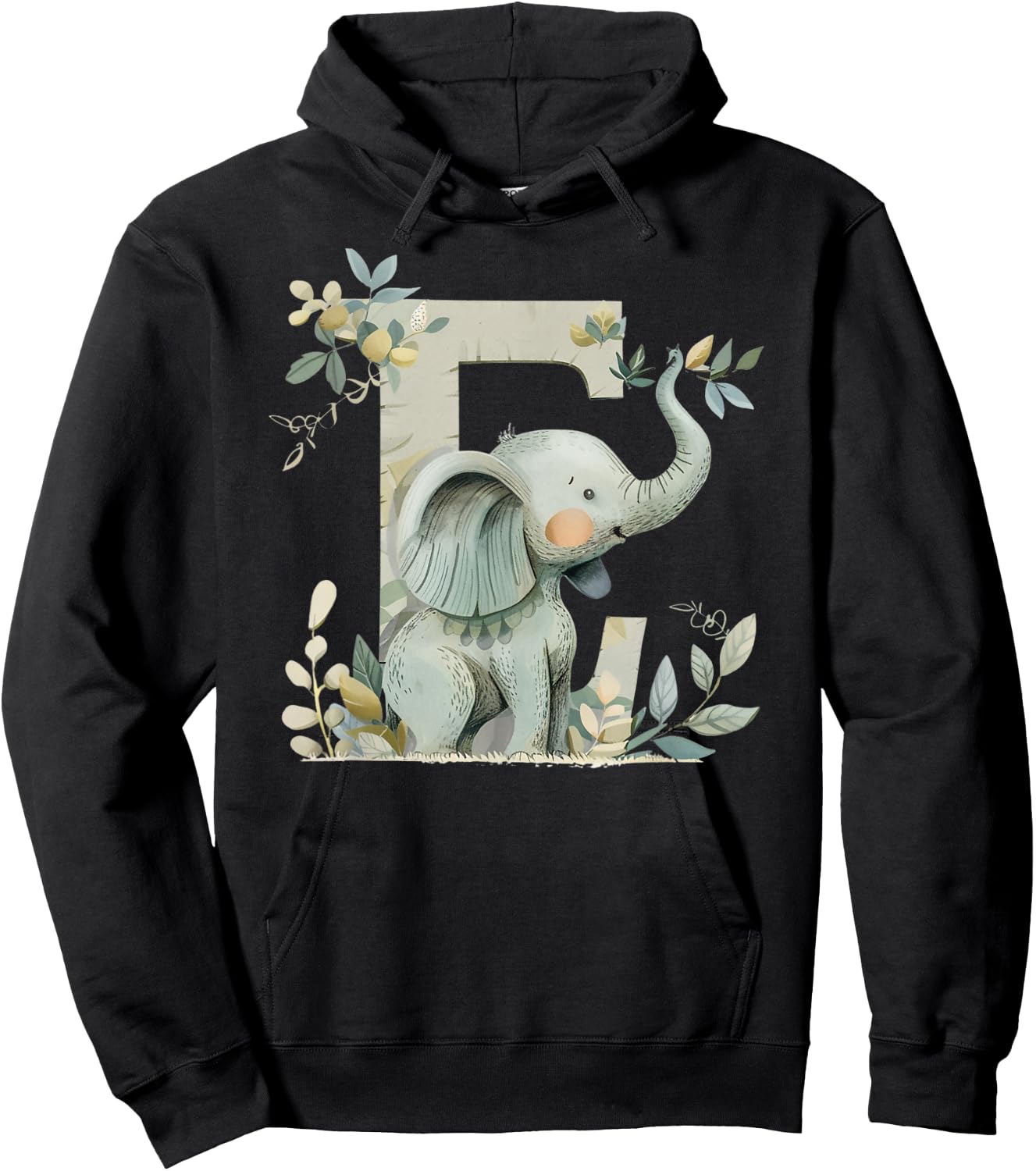 E Initial Monogram Alphabet Letter Animal Kid Boho Elephant Hoodie - Hoodie | Black