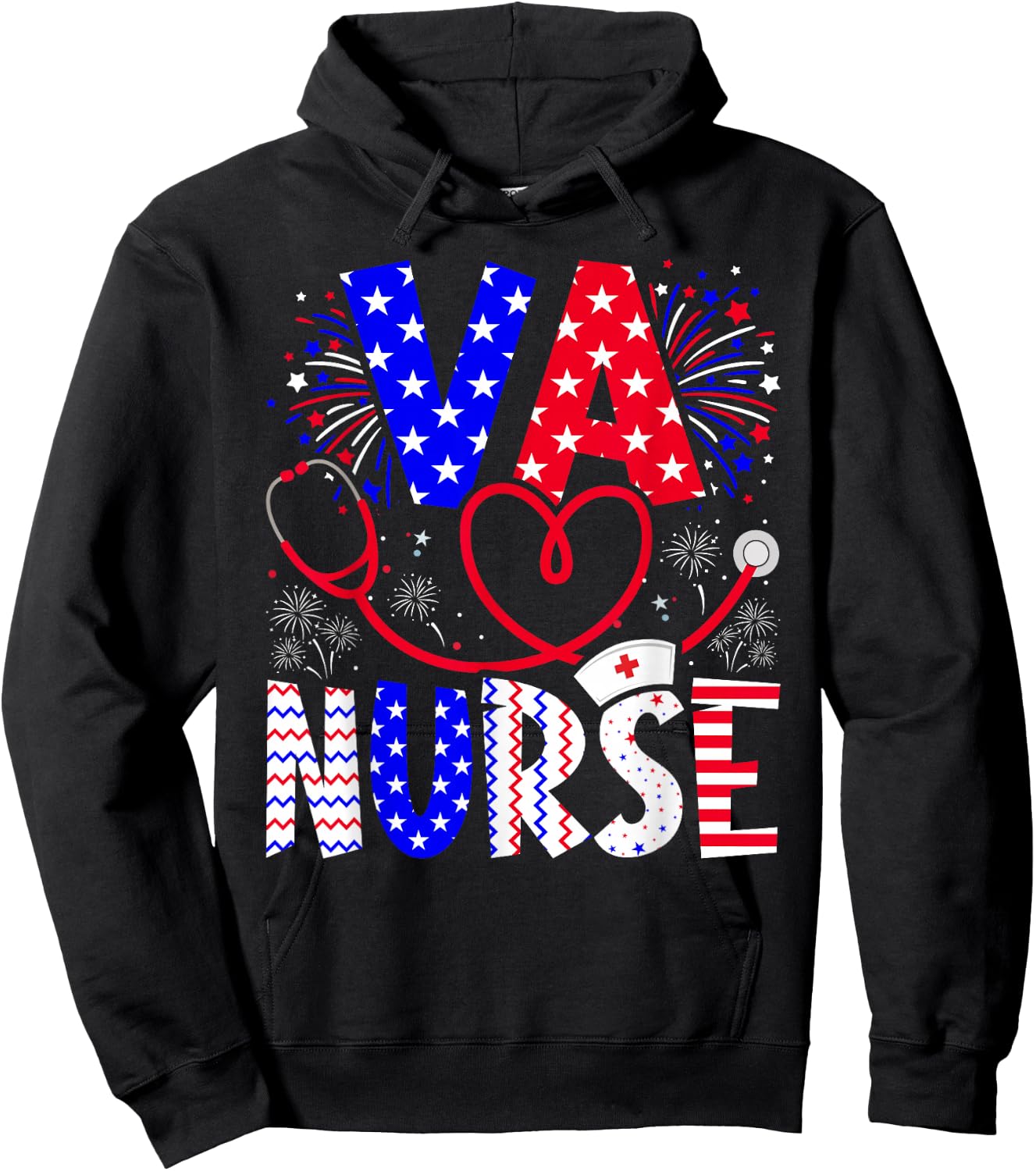 VA Nurse 4th Of July American Flag Stethoscope Hoodie - Hoodie | Black