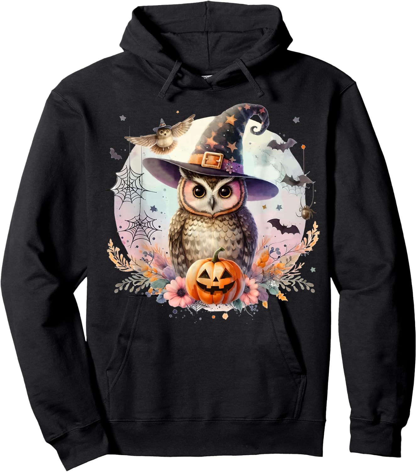 Owl Witch Hat and Pumpkin Funny Halloween Academia Witchy Hoodie - Hoodie | Black