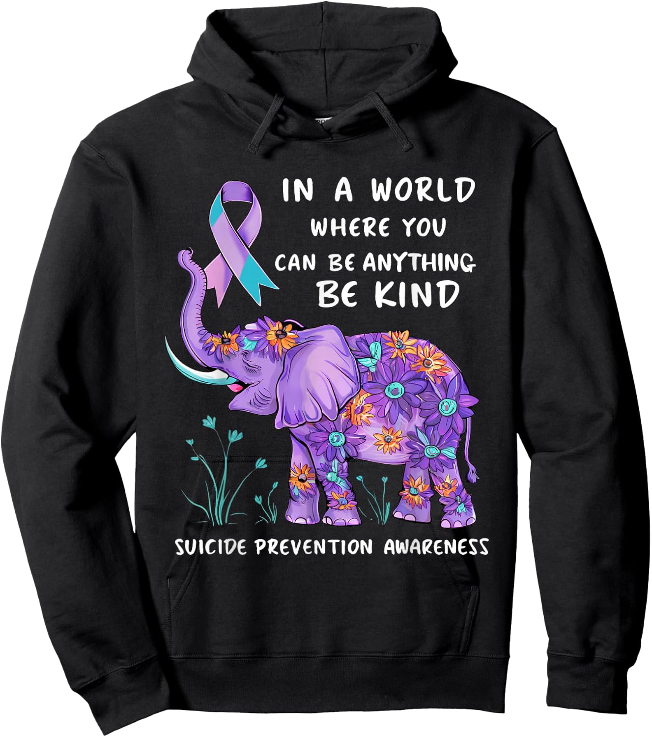 Suicide Prevention Awareness Elephant Teal & Purple Ribbon Hoodie - Hoodie | Black