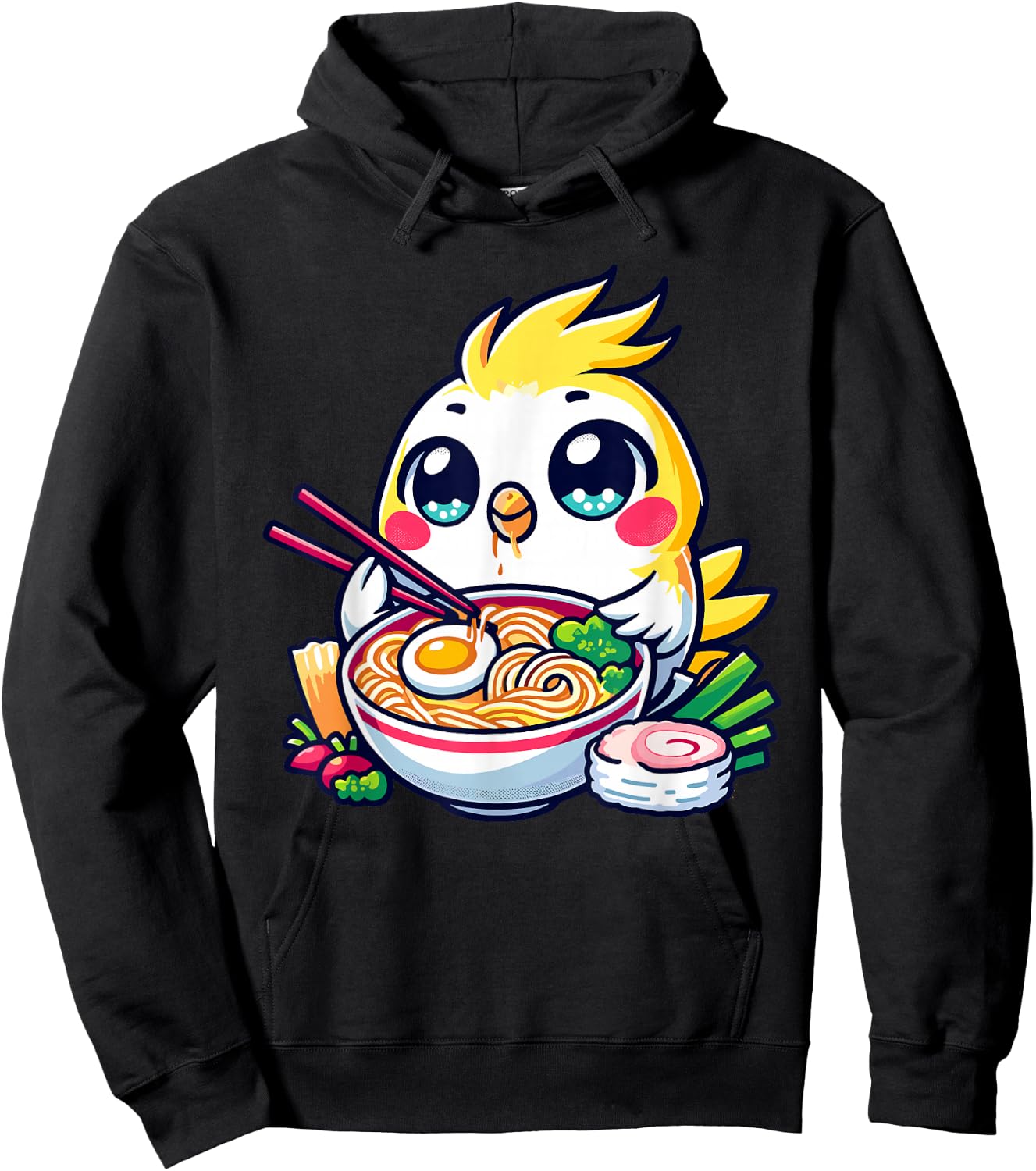 Kawaii Yellow Cockatiel Bird Parrot Eating Ramen Noodles Hoodie - Hoodie | Black
