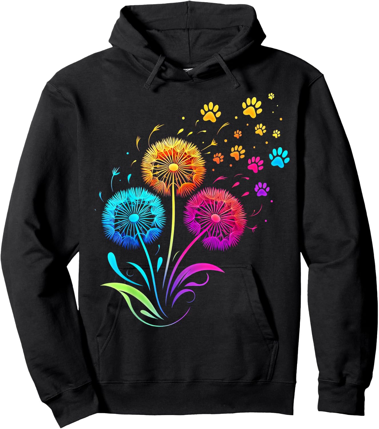 Cute Dog Paw Sunflower Dandelion Colorful Flowers Dog Paw Hoodie - Hoodie | Black