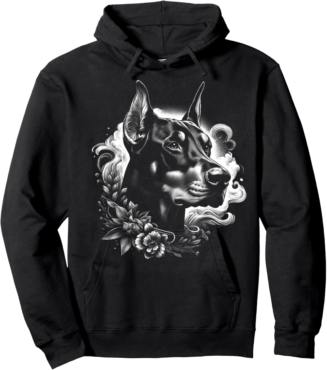 Cool Doberman Portrait with Flowers Decoration Hoodie - Hoodie | Black