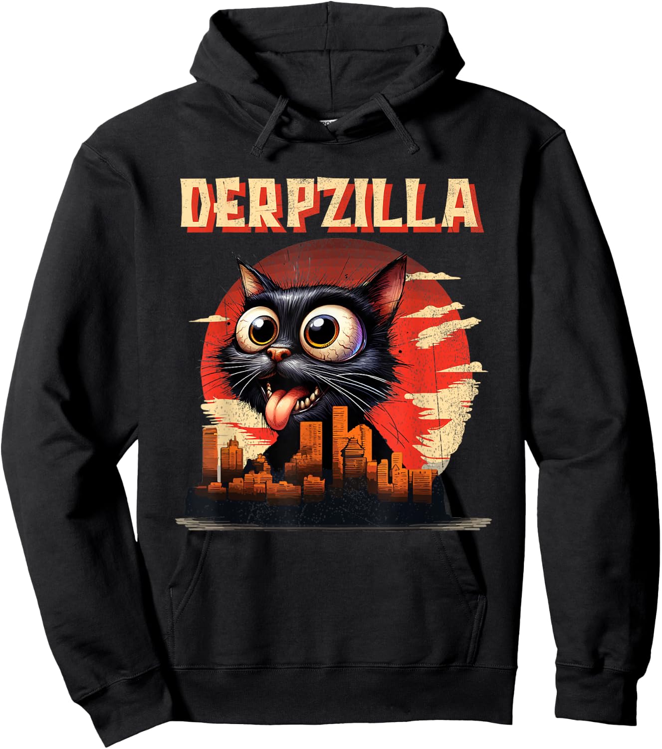 Derpzilla Funny Derpy Giant Cat Kitten City Skyline Hoodie - Hoodie | Black