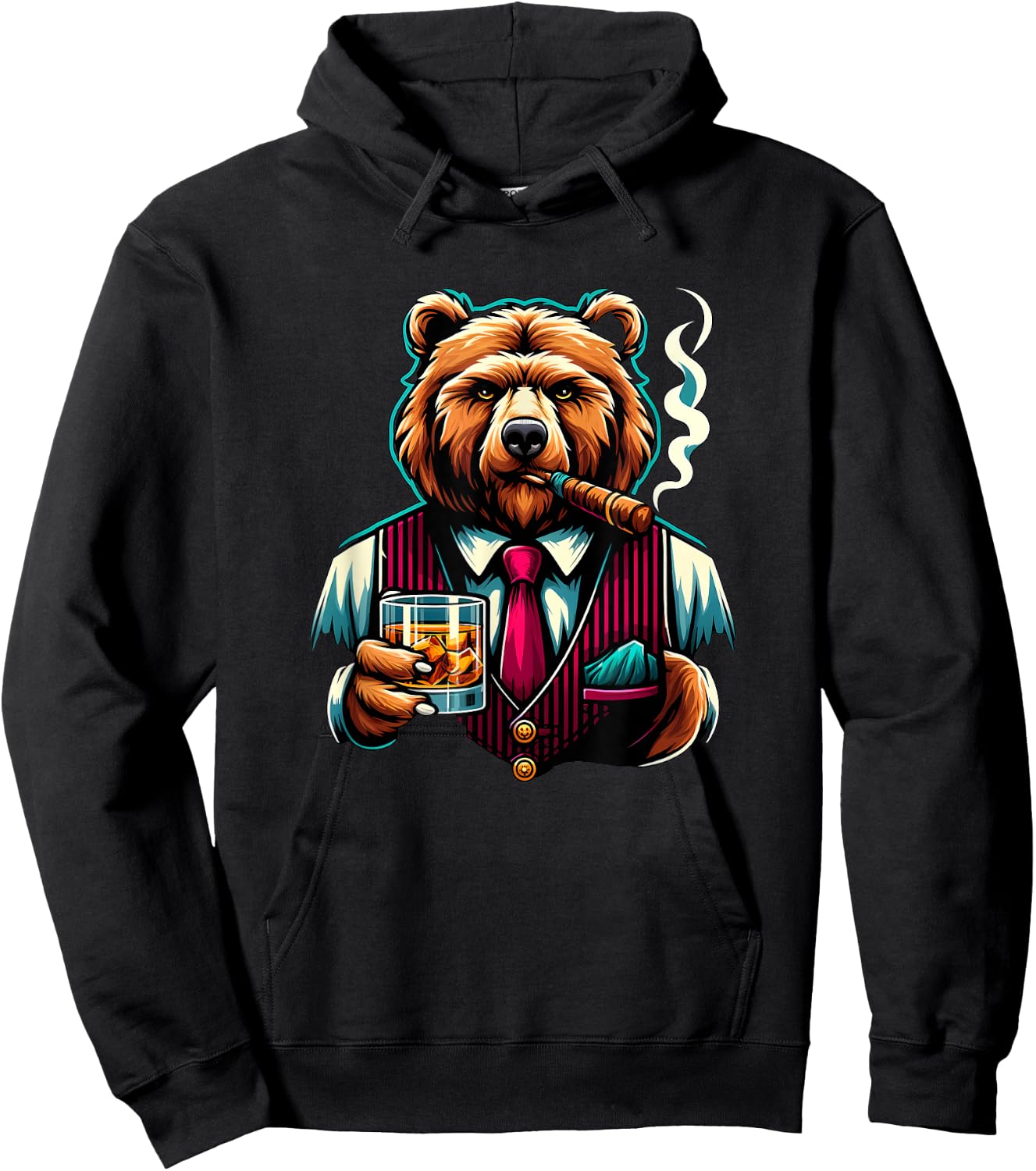 Grizzly Bear Cigar And Whiskey Hoodie - Hoodie | Black