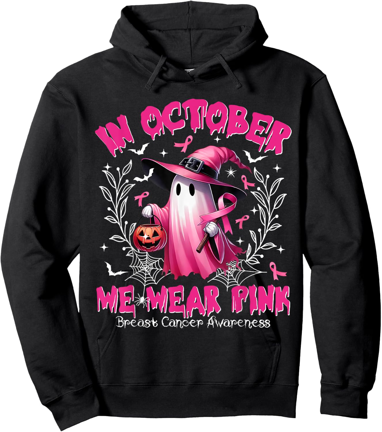 In October We Wear Pink Ghost Witch Breast Cancer Awareness Hoodie - Hoodie | Black