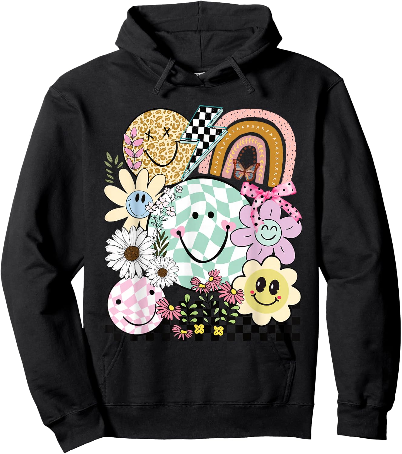 Funny Checkered Happy Smiling Smile Face Daisy Flower Girl Hoodie - Hoodie | Black