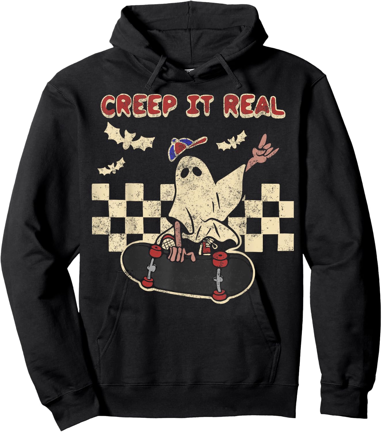 Halloween Boy Girl Retro Creep It Real Ghost on Skateboard Hoodie - Hoodie | Black