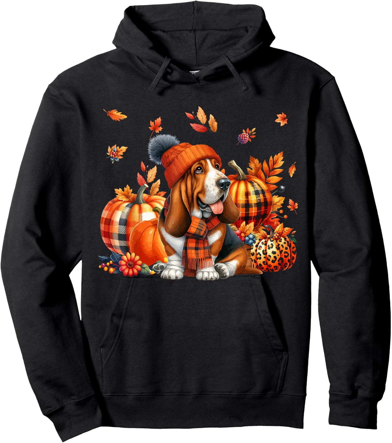 Basset Hound Thanksgiving Leopard Pumpkins Fall Leaves Hoodie - Hoodie | Black
