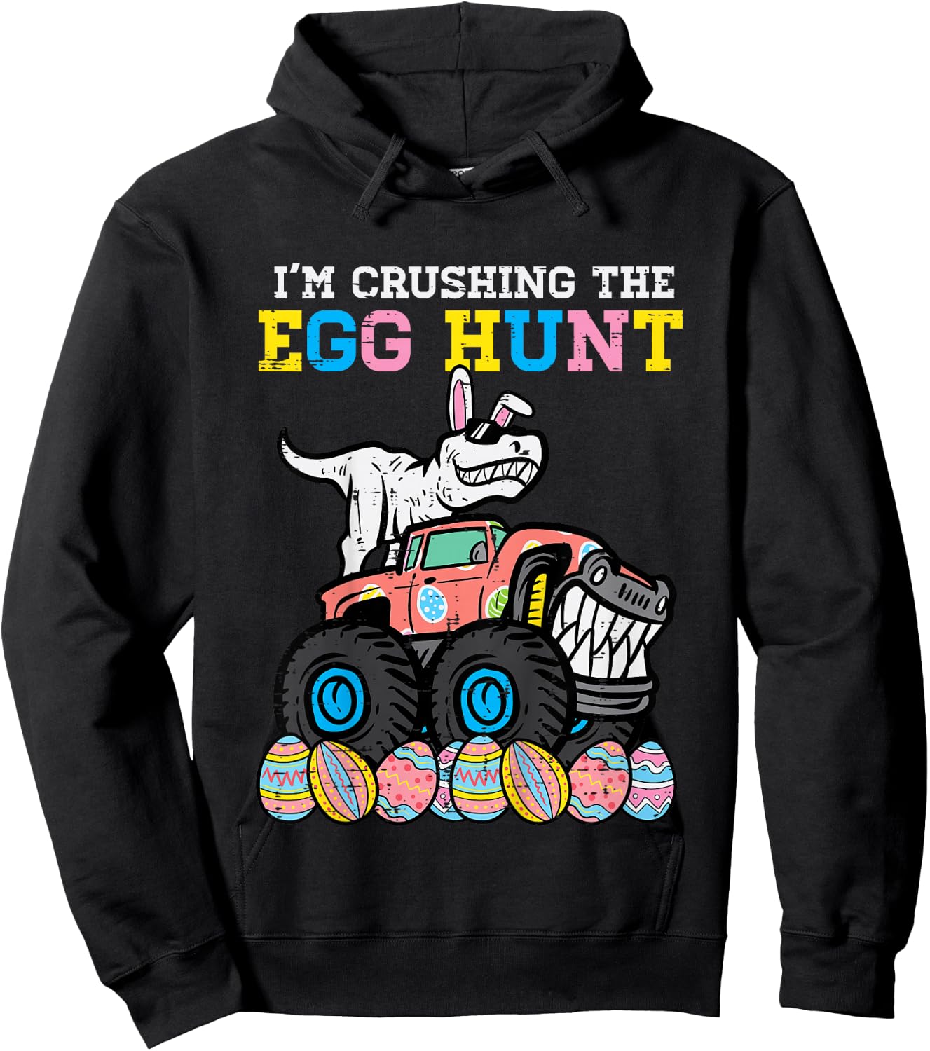 Kids Easter Im Crushing The Egg Hunt Dino Monster Truck Boys Kids Hoodie - Hoodie | Black