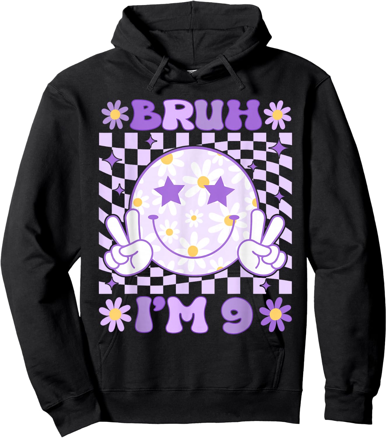 Bruh I'm 9 Years Old Purple Birthday Girls Boys 9th Birthday Hoodie - Hoodie | Black