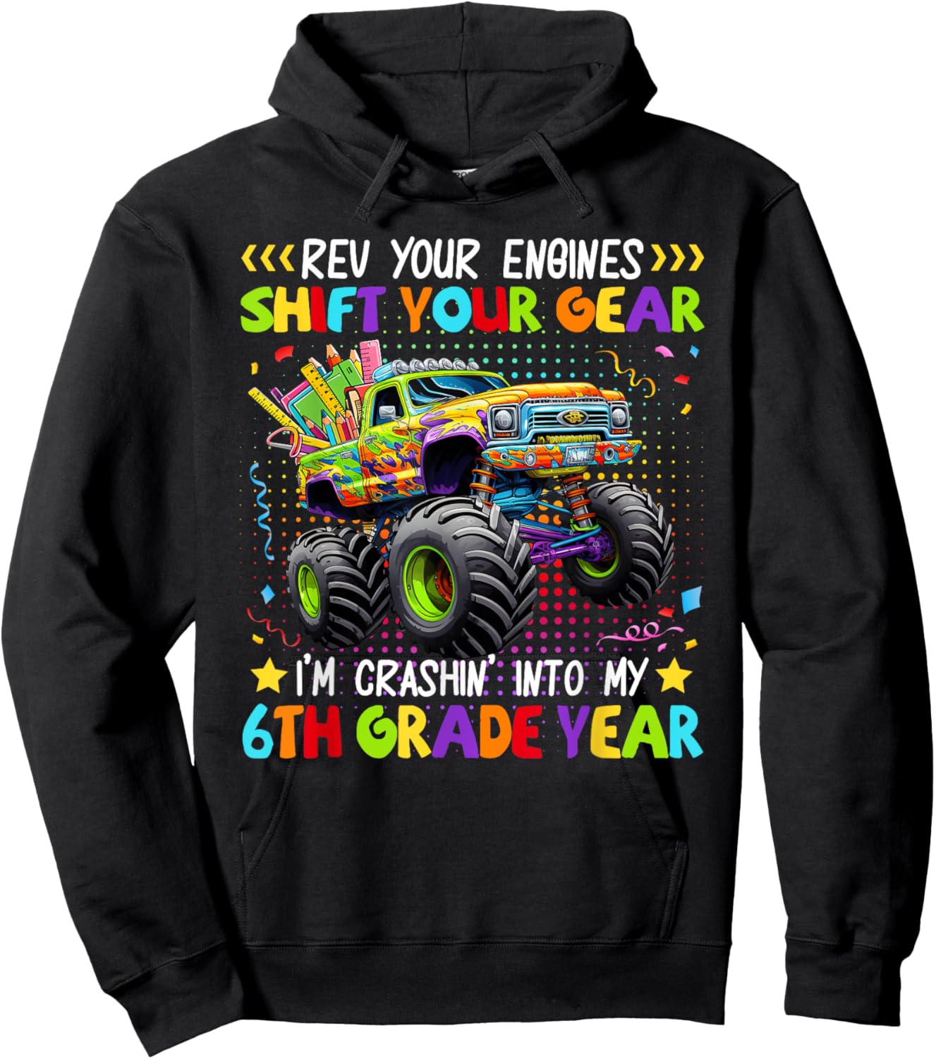 Back to School 6th Grade Monster Truck First Day School Boys Hoodie - Hoodie | Black