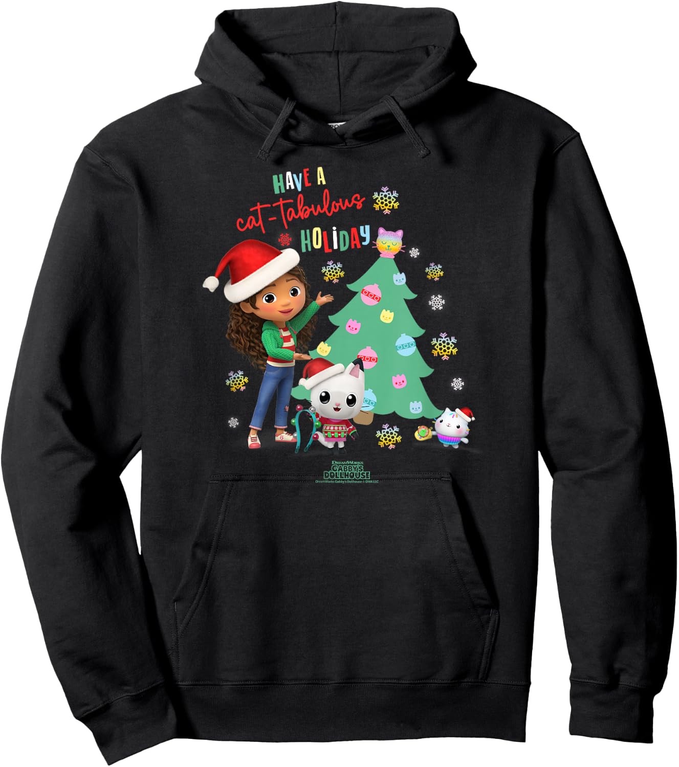 DreamWorks Gabby's Dollhouse Kids Black Cartoon Christmas , Short Sleeve, Small, Cat-tabulous Holiday Hoodie - Hoodie | Black
