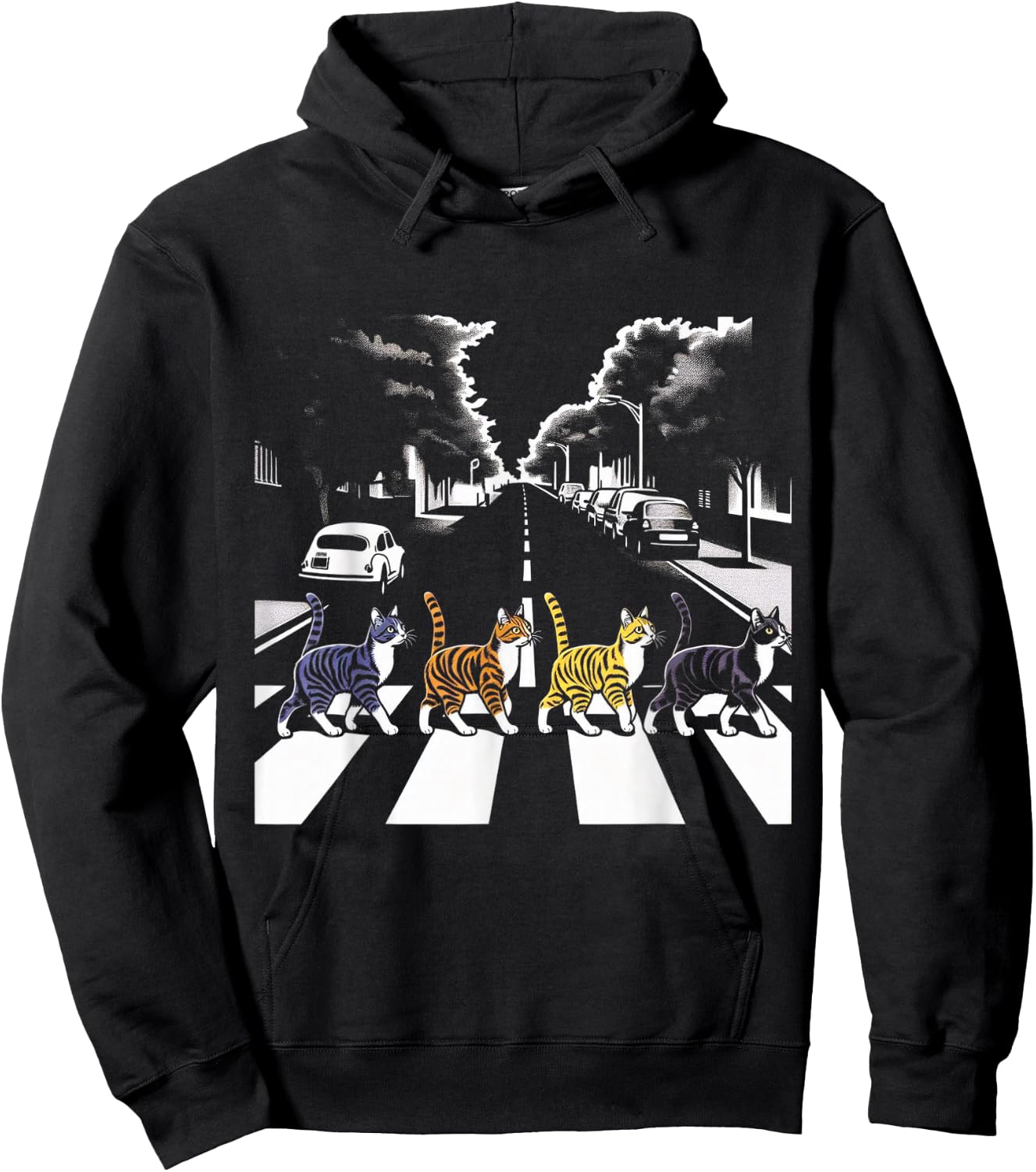Cat Crosswalk Parody - Colorful Cats Crossing Road Funny Hoodie - Hoodie | Black