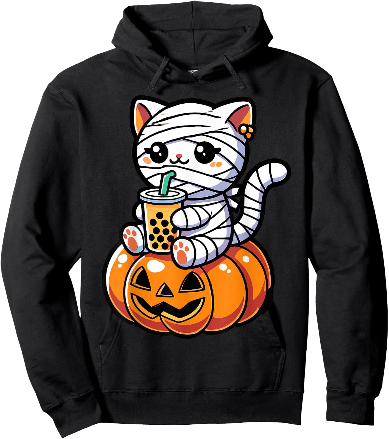 Kawaii Mummy Cat Drinking Boba Tea Halloween Pumpkin Men Women Kids Hoodie - Hoodie | Black