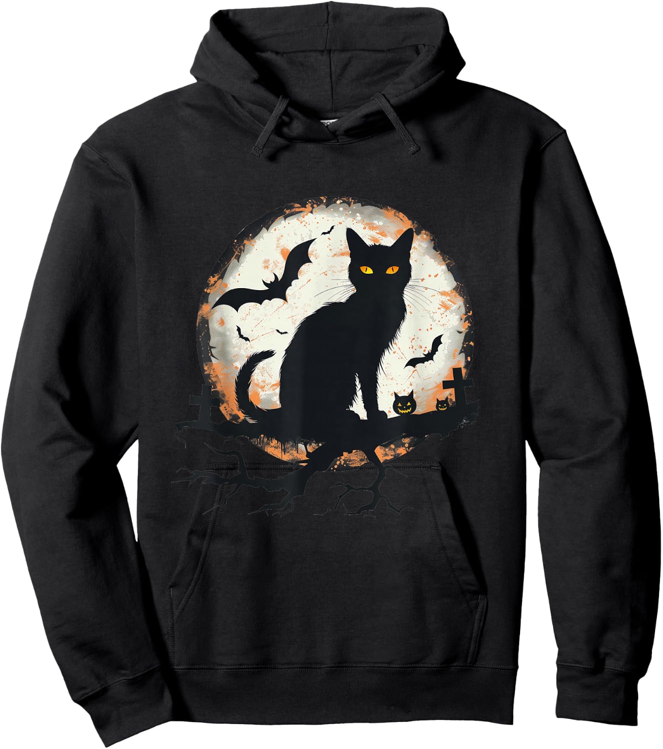 Halloween Cat Pumpkin Bat Moon Cemetery Scary Men Women Kids Hoodie - Hoodie | Black