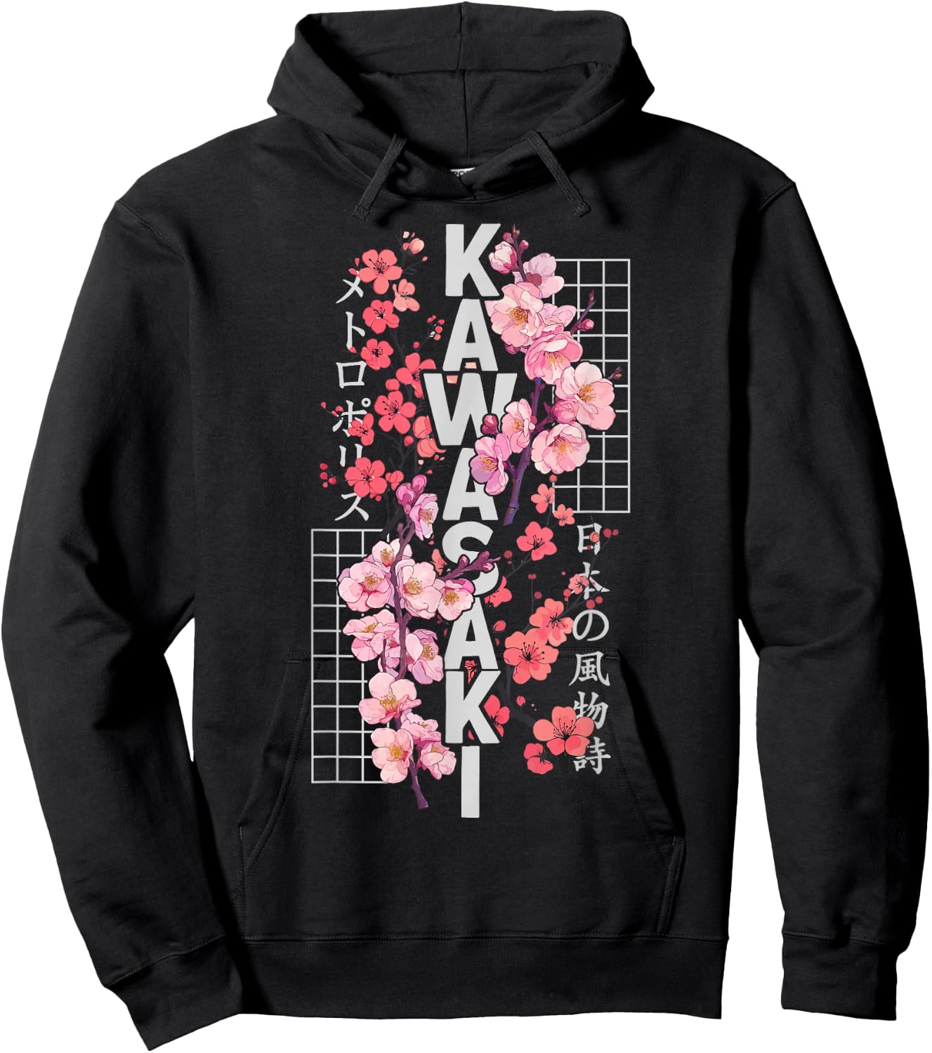 Kawasaki City 80s Retro Cherry Blossom Japan Kawasaki Hoodie - Hoodie | Black