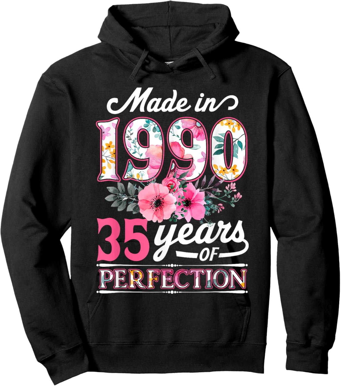 35 Year Old Made In 1990 Floral Flower 35th Birthday Hoodie - Hoodie | Black