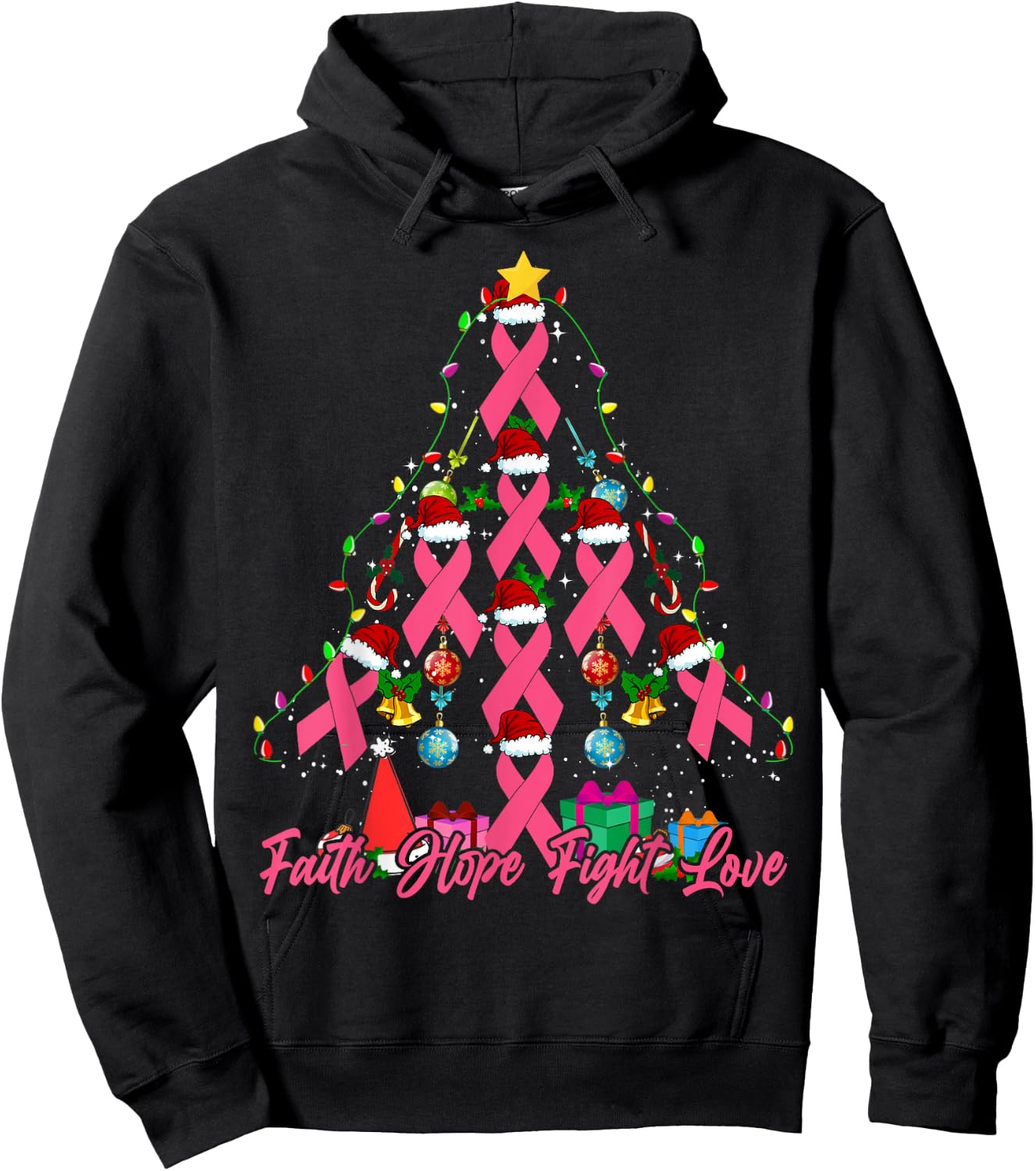 Santa Pink Ribbon Christmas Tree Breast Cancer Awareness Hoodie - Hoodie | Black