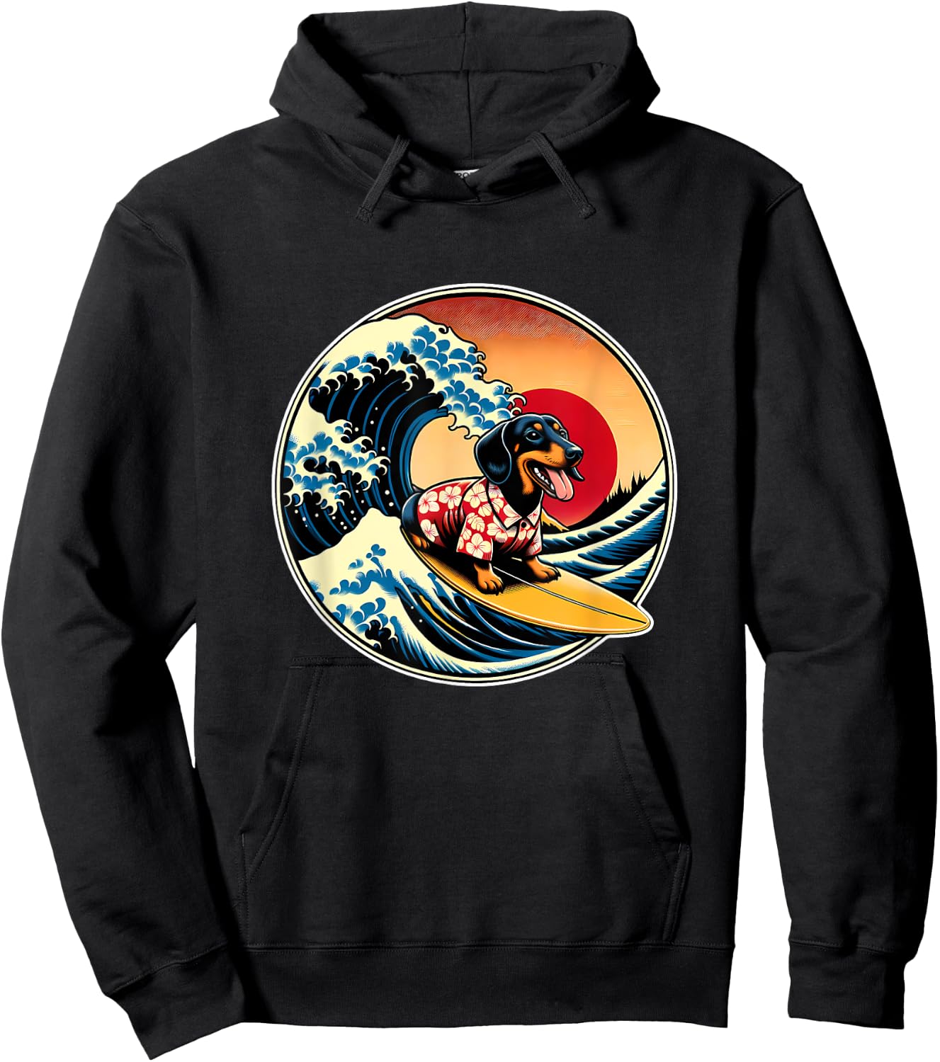 Great Wave Kanagawa Weiner Dachshund Dog Surfing Men Women Kids Hoodie - Hoodie | Black