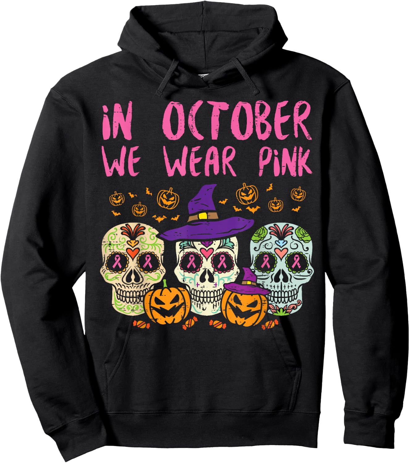 Sugar Skull October Pink Breast Cancer Awareness Halloween Hoodie - Hoodie | Black