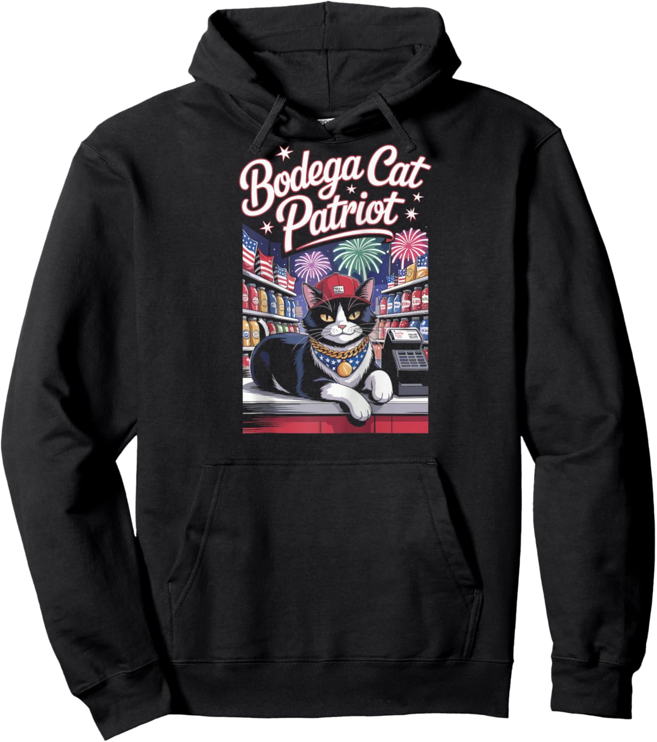 Patriotic Cat Fireworks Grocery Bodega July 4th Style Raglan Baseball Hoodie - Hoodie | Black