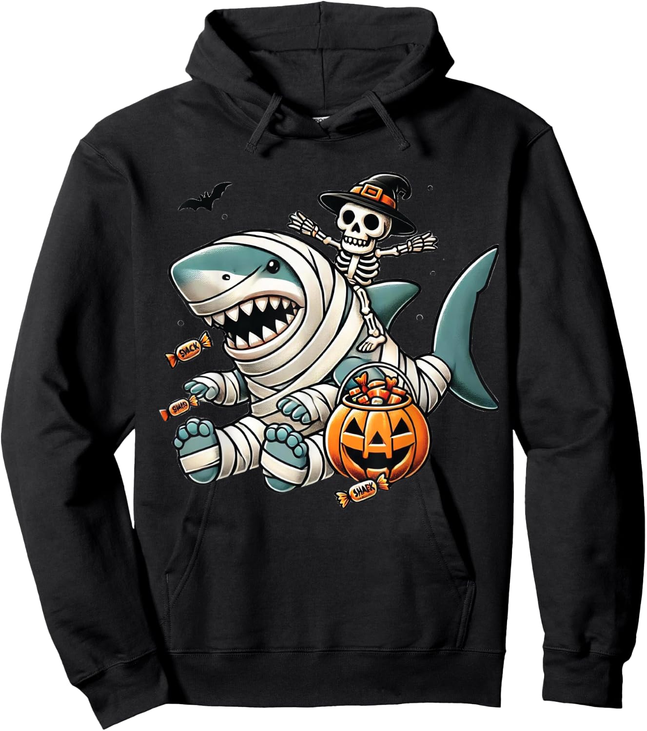 Skeleton Riding Shark Funny Halloween Pumpkin Boys Kids Hoodie - Hoodie | Black