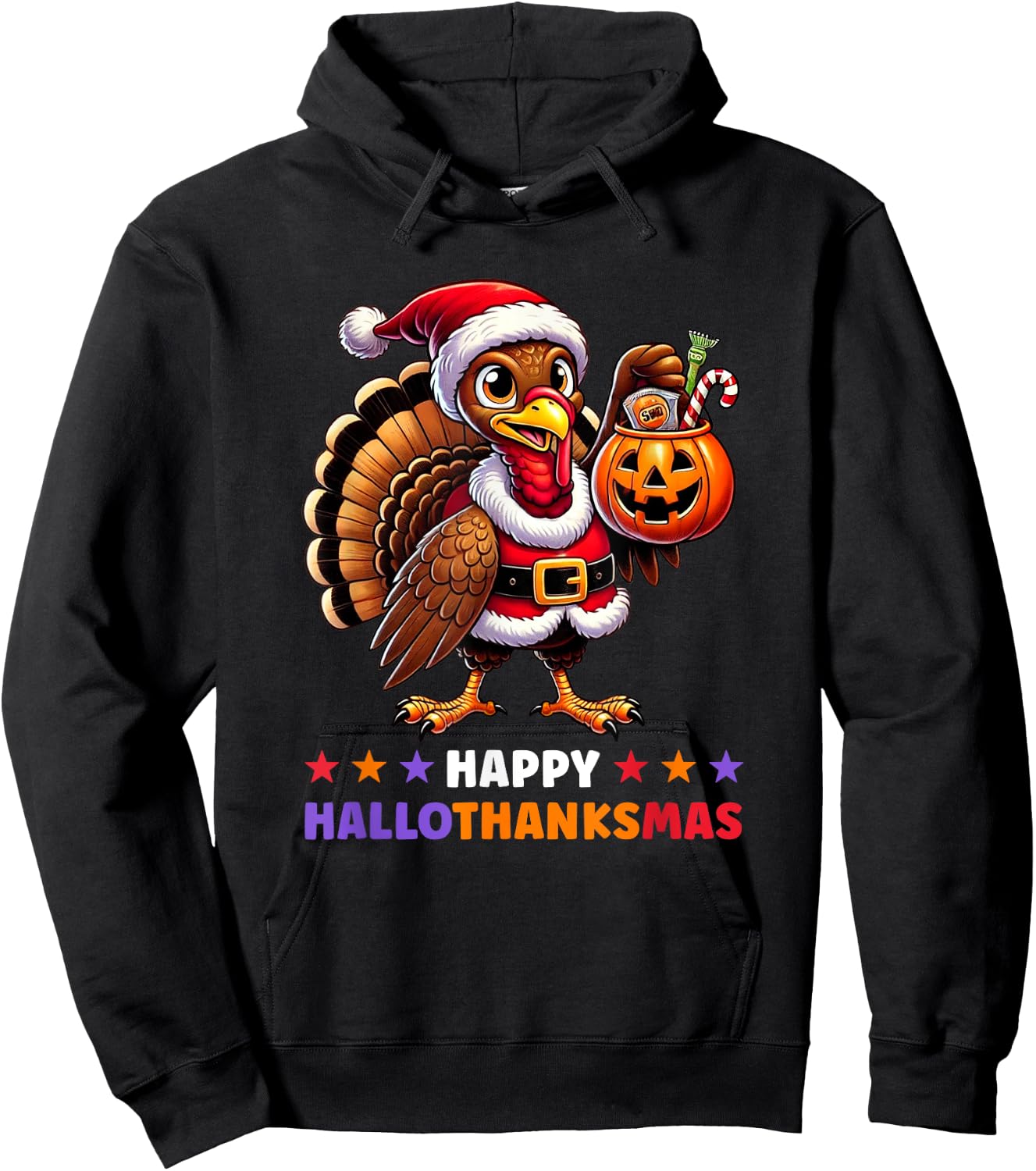 Happy HalloThanksMas Halloween Thanksgiving Xmas Funny Hoodie - Hoodie | Black