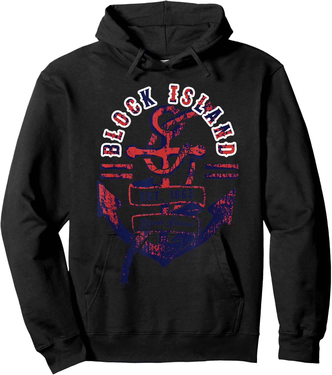 Vintage Distressed Anchor & Rope Block Island Rhode Island Hoodie - Hoodie | Black