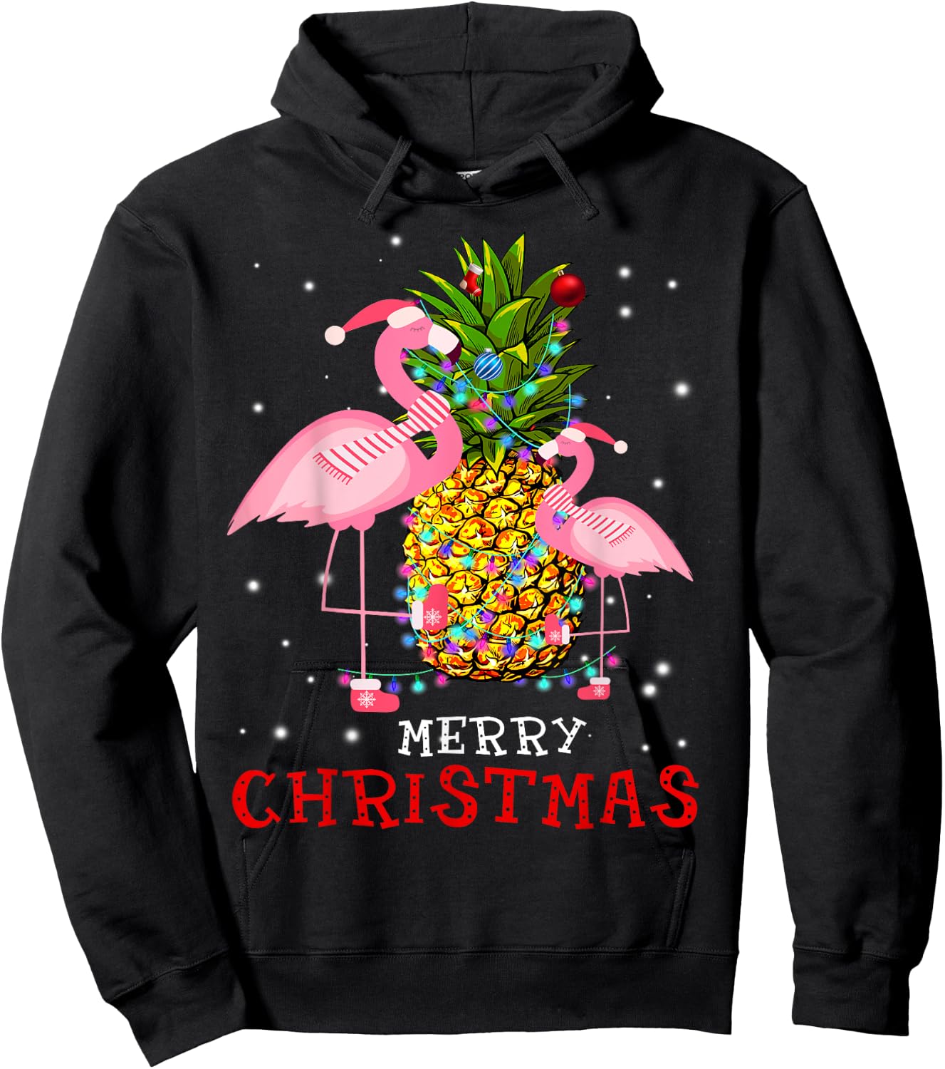 Flamingo Christmas Tree Pineapple Xmas Light Merry Christmas Hoodie - Hoodie | Black