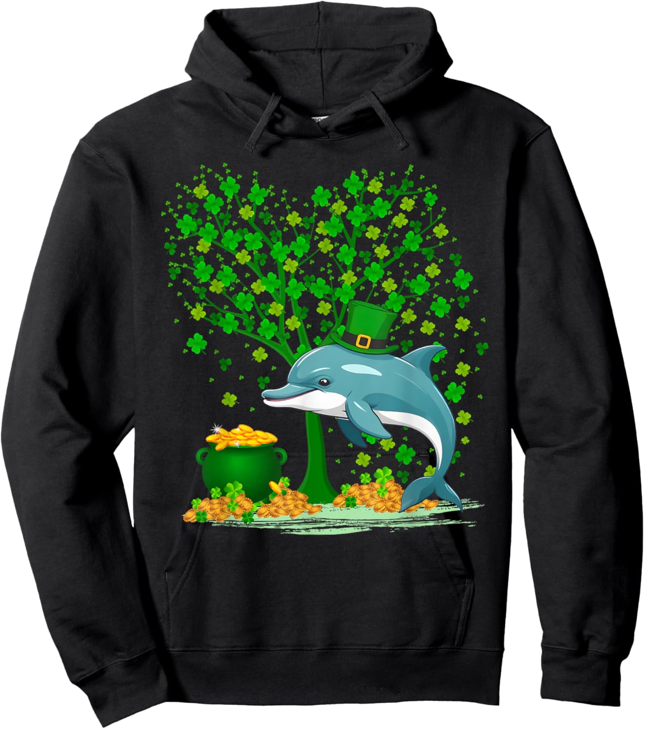 Shamrock Tree Leprechaun Hat Dolphin St Patrick's Day Hoodie - Hoodie | Black