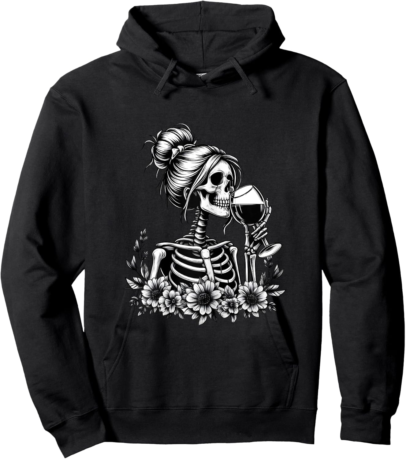 Female Skeleton Wine Drinking Messy Bun Vintage Halloween Hoodie - Hoodie | Black