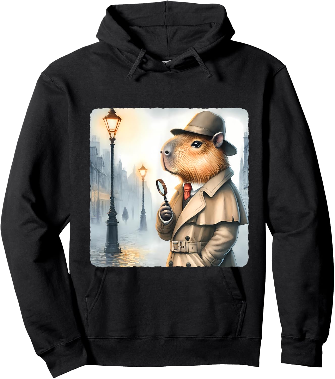 Capybara Detective With Magnifying Glass. Trench Coat Hat Hoodie - Hoodie | Black