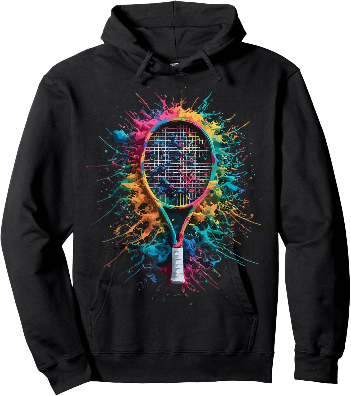 Colorful Paint Splash Tennis Racket Art Graphic Hoodie - Hoodie | Black