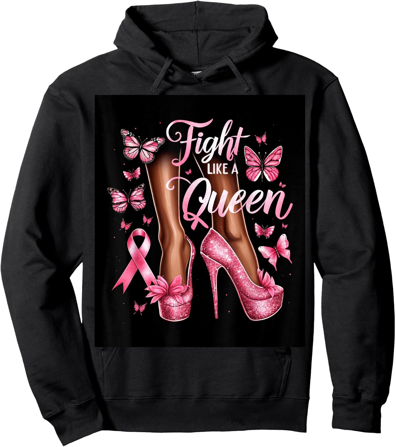 High Heels Woman Fight Like A Queen Breast Cancer Awareness Hoodie - Hoodie | Black