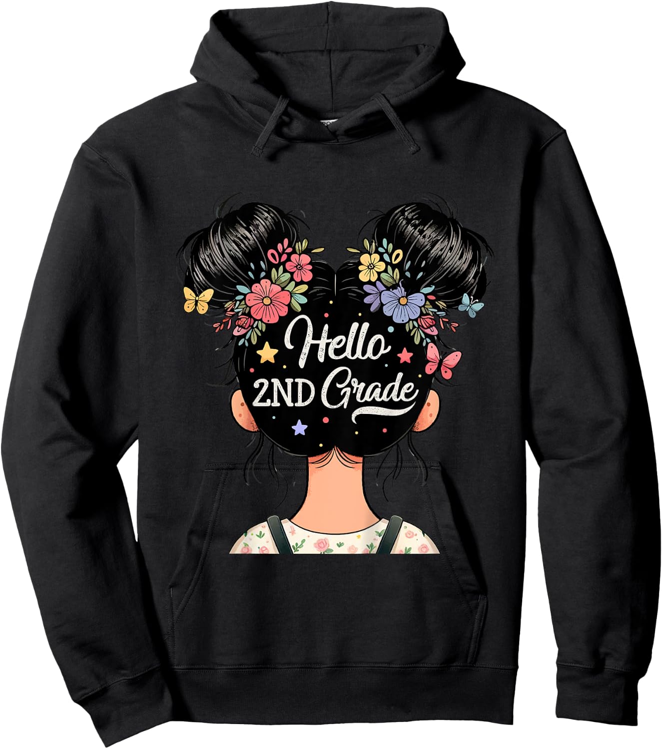 Kids Hello 2nd Grade Messy Hair Bun Girl Back To School Kids Hoodie - Hoodie | Black