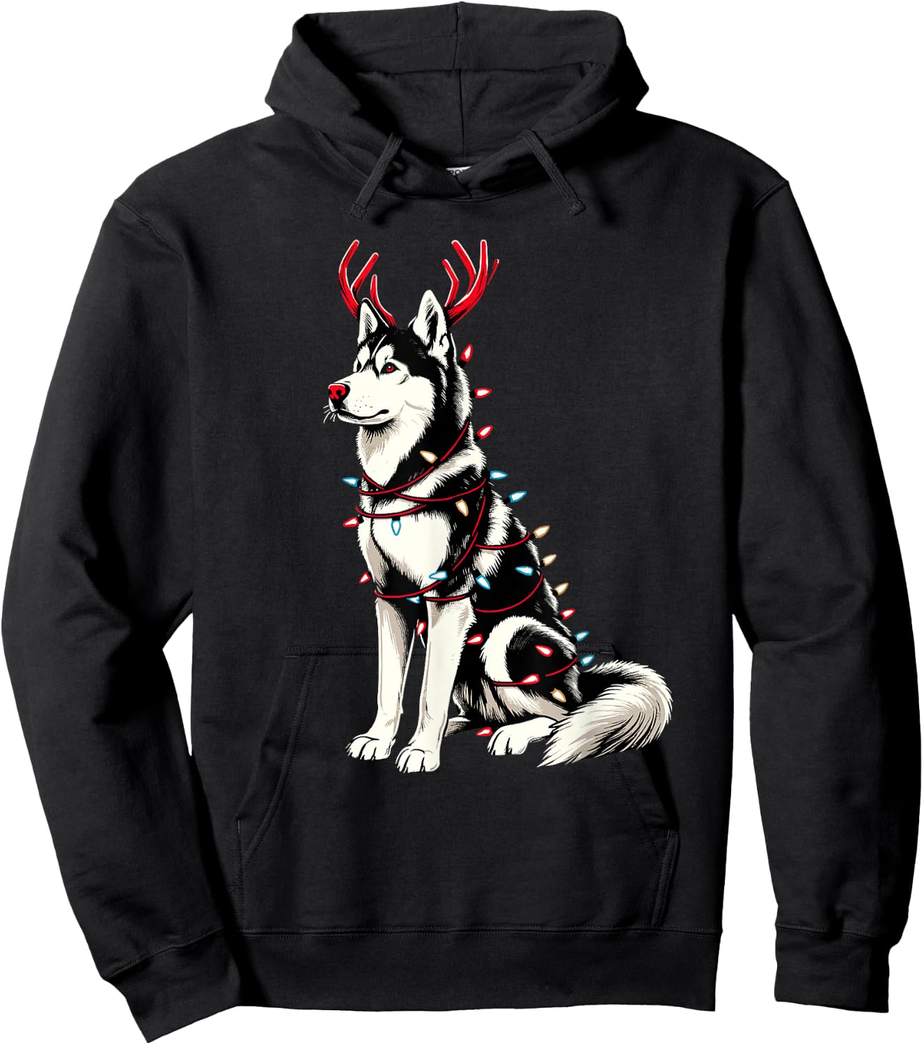 Siberian Husky Santa Christmas Lights Pajama, Merry Wolfmas Hoodie - Hoodie | Black